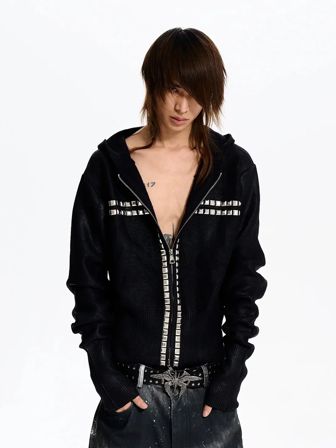 Fourth3ex | Black Hooded Zip-Up Sweater With Studded Cross