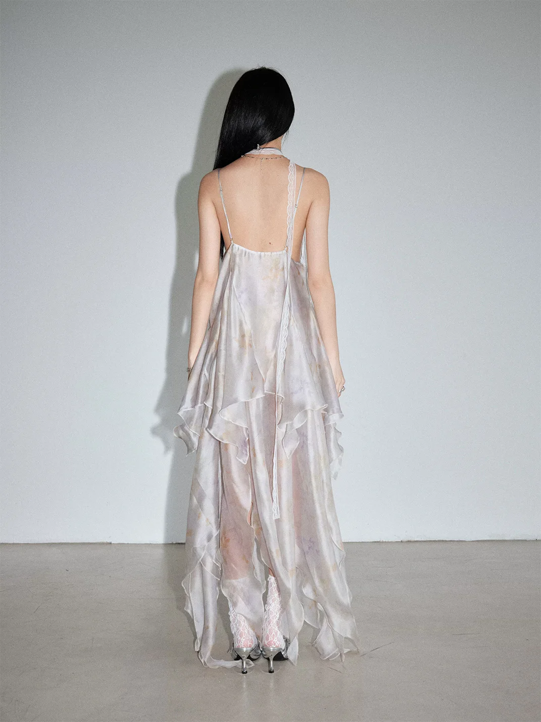 Jnylon studios | Printed Asymmetric Mesh Spaghetti Strap Dress