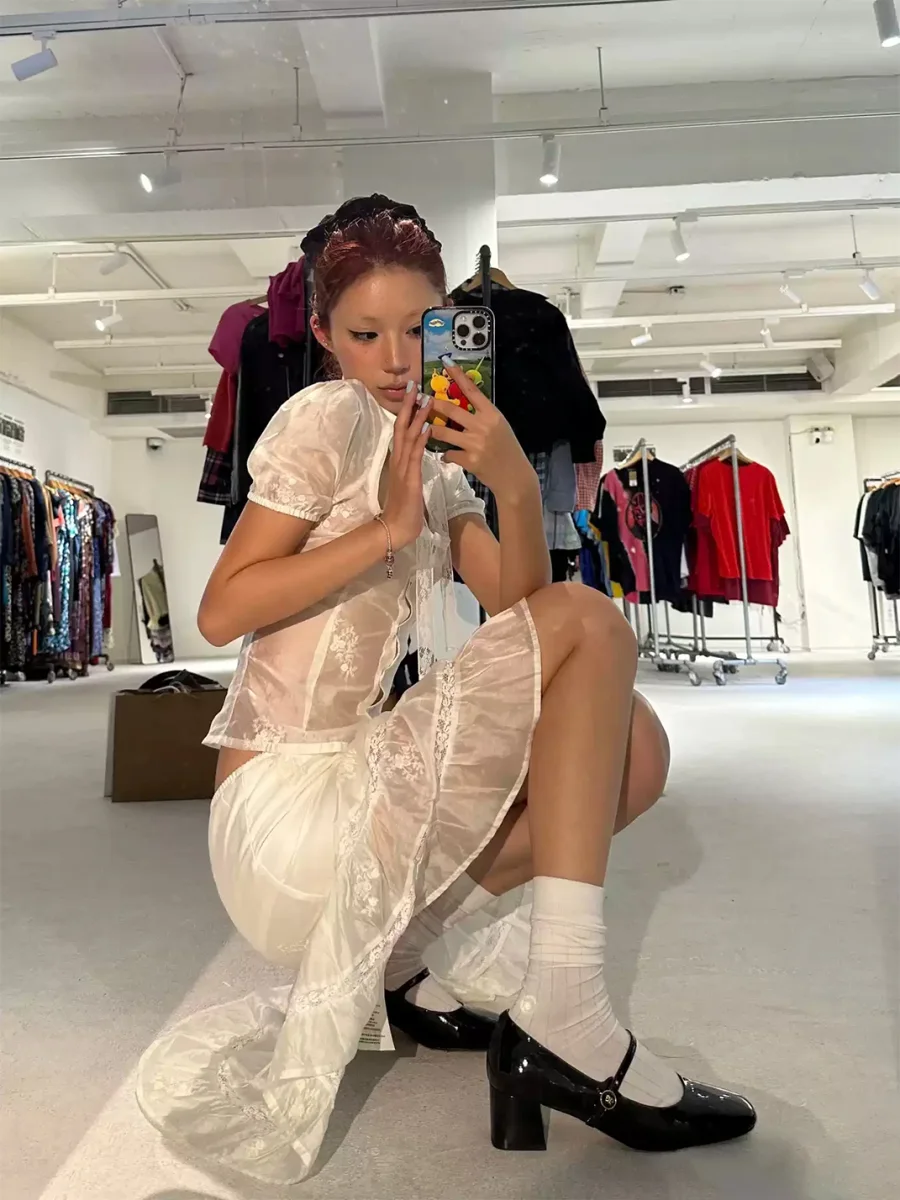 Chipchipshop | White Lace Tencel Cotton Full Skirt With Undershorts - 2