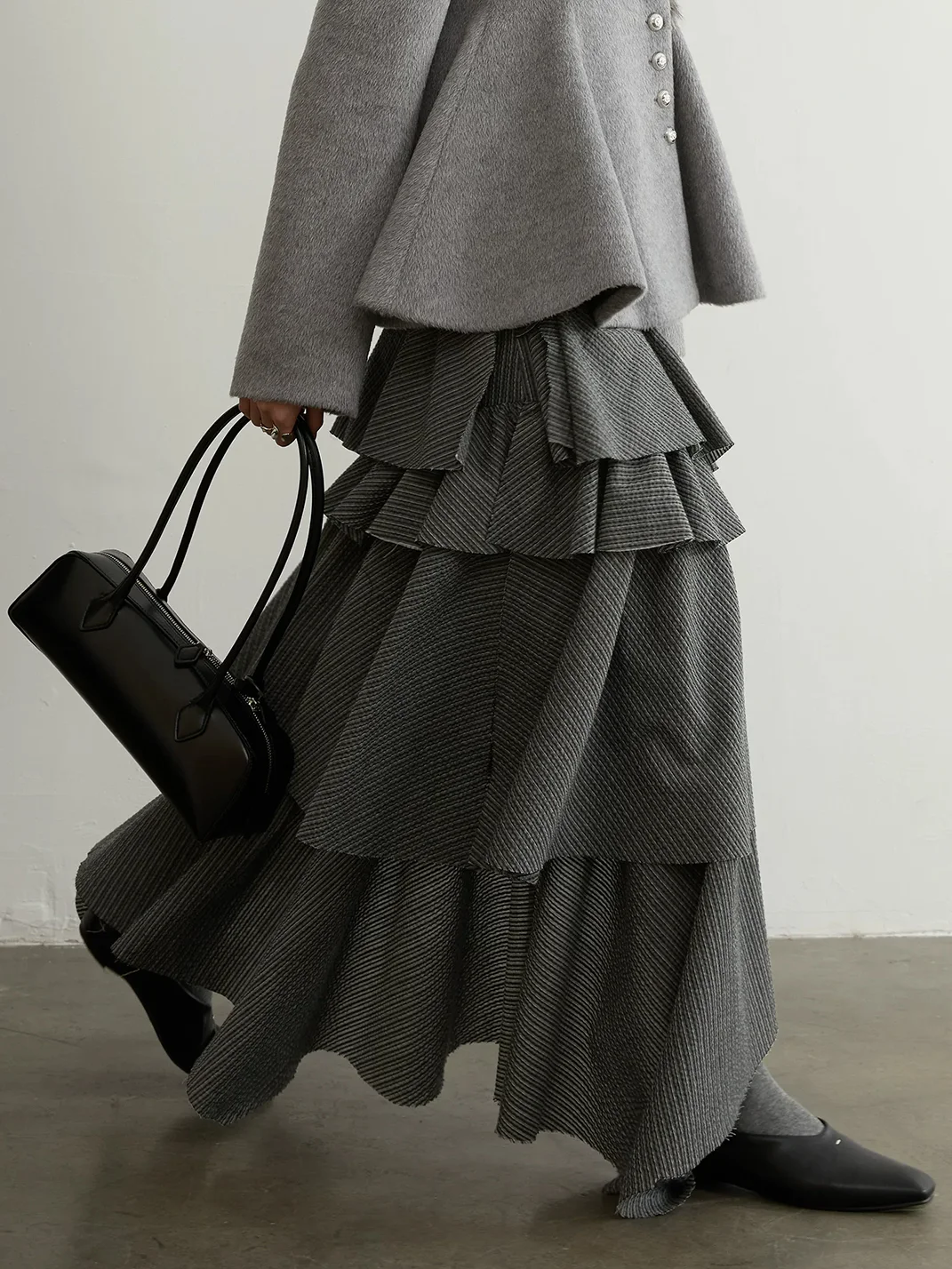 Jnylon studios | Striped Asymmetric Ruffled Raw-Edge Slit Skirt