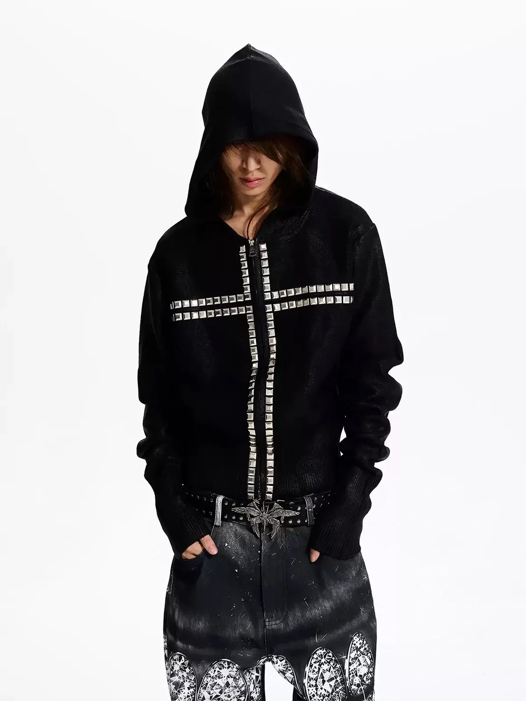 Fourth3ex | Black Hooded Zip-Up Sweater With Studded Cross