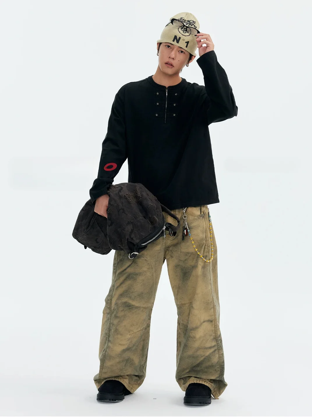 CoosRetro | Loose Fit Half-Zip Frog-Closure Long Sleeve T-Shirt