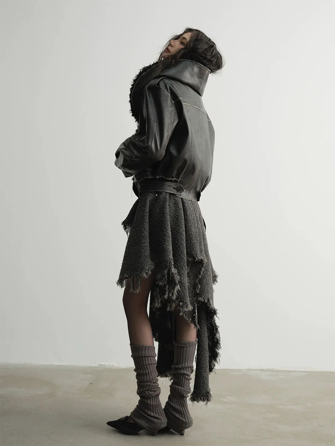Jnylon studios | Relaxed Distressed Faux Leather Oversized Fur-Collar Jacket