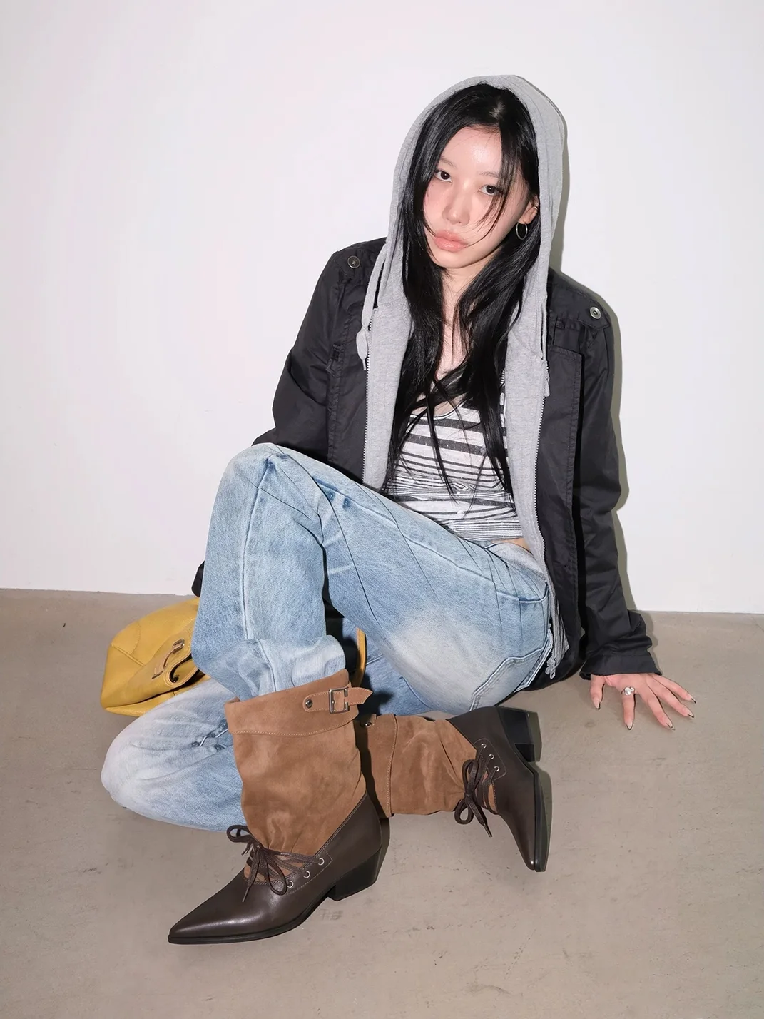 Mooreyu | Brown Pointed-Toe Western Lace-Up Buckle Slouch Boots