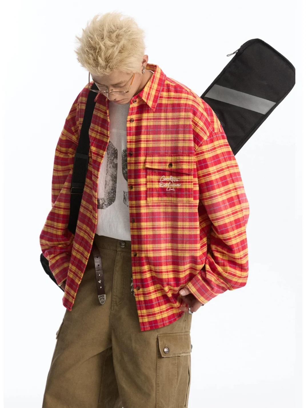 CoosRetro | Embroidered Loose-Fit Long-Sleeve Plaid Shirt
