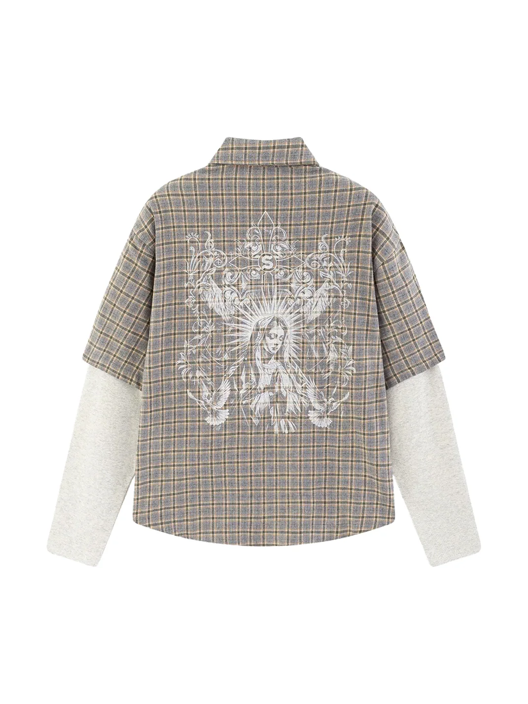 CoosRetro | Faux Two-Piece Plaid Long-Sleeve Graphic Shirt