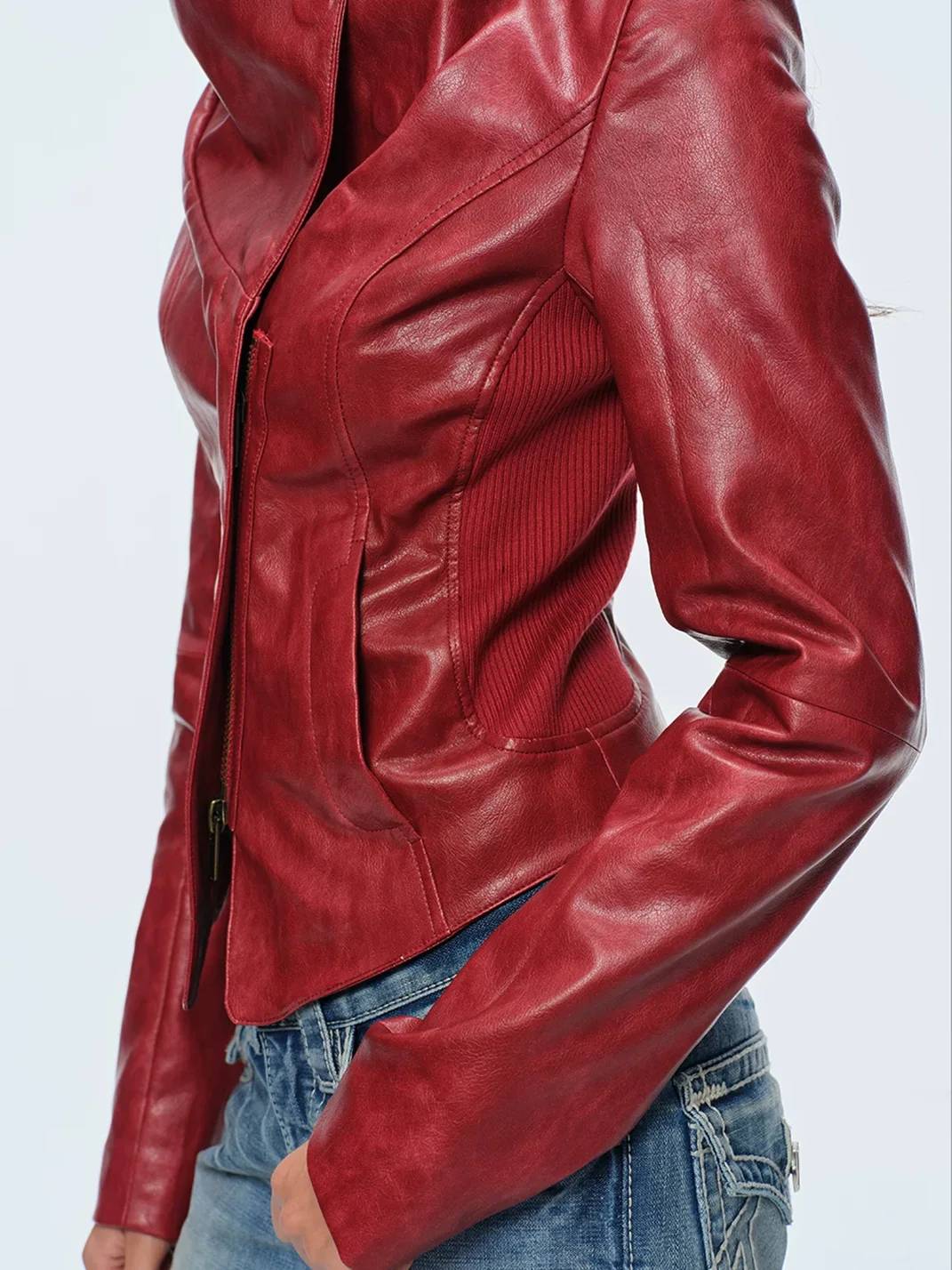 BUM STUDIO | Oversized Collar Slim-Fit Magnetic Fastening Leather Jacket