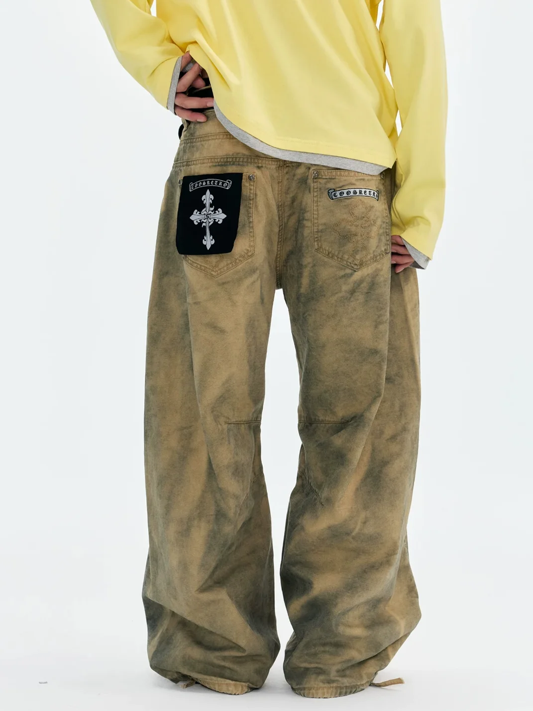CoosRetro | Distressed Embroidered Wide-Leg Workwear Pants
