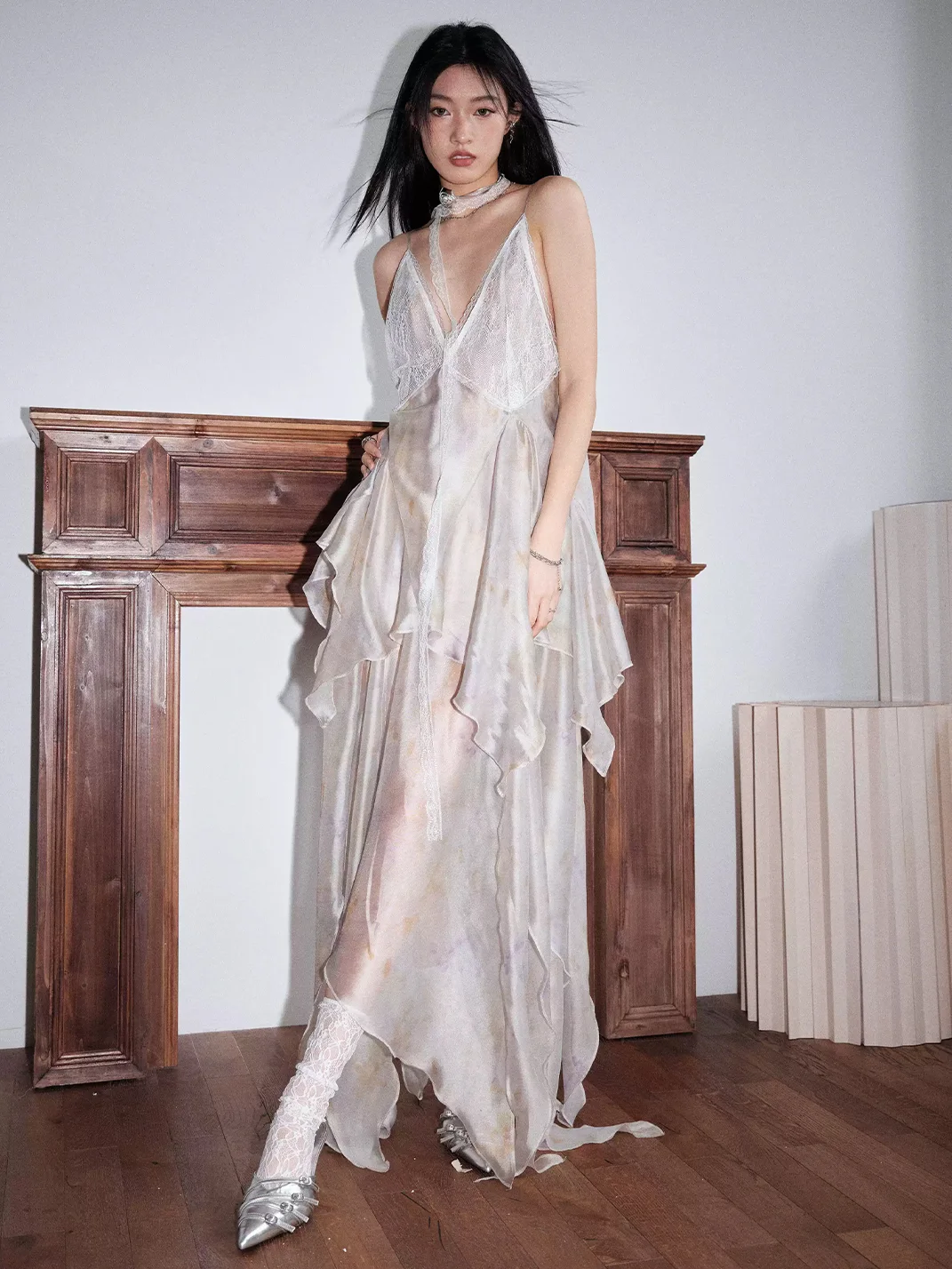 Jnylon studios | Printed Asymmetric Mesh Spaghetti Strap Dress