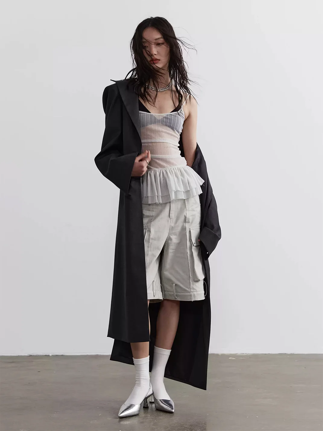 Jnylon studios | Sheer Ruffle Hem Cropped Stretch Camisole