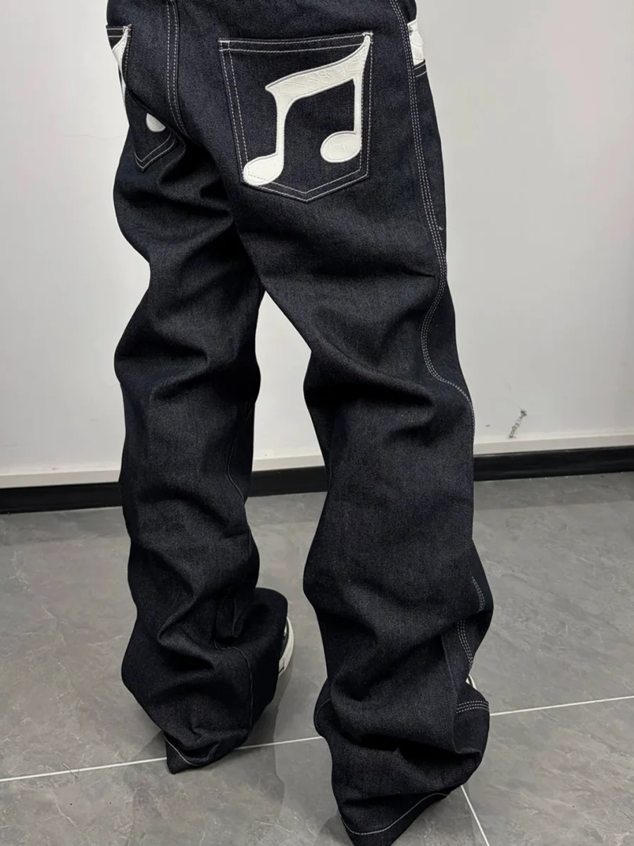 ColdAsia | Music Note Applique Embroidered Raw Denim Jeans - 3