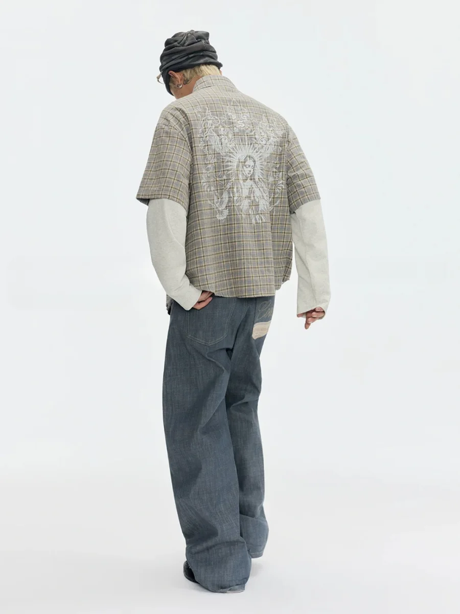 CoosRetro | Faux Two-Piece Plaid Long-Sleeve Graphic Shirt - 4