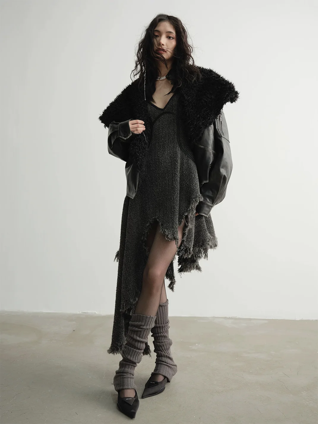 Jnylon studios | Relaxed Distressed Faux Leather Oversized Fur-Collar Jacket