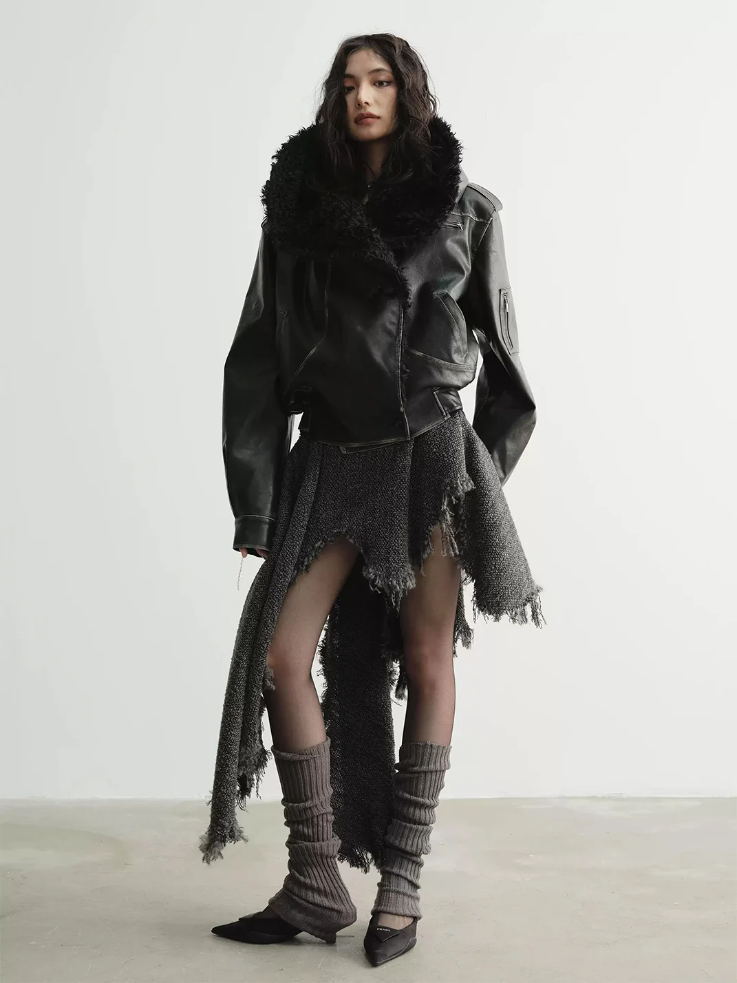 Jnylon studios | Relaxed Distressed Faux Leather Oversized Fur-Collar Jacket