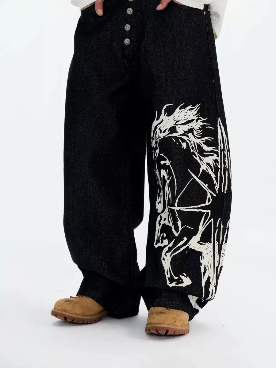 CoosRetro | Horse Print Curved Wide-Leg Jeans - 2