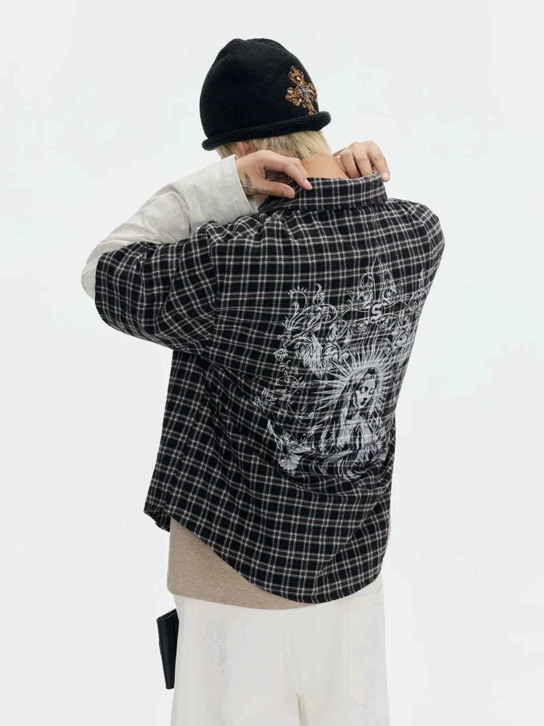 CoosRetro | Faux Two-Piece Plaid Long-Sleeve Graphic Shirt