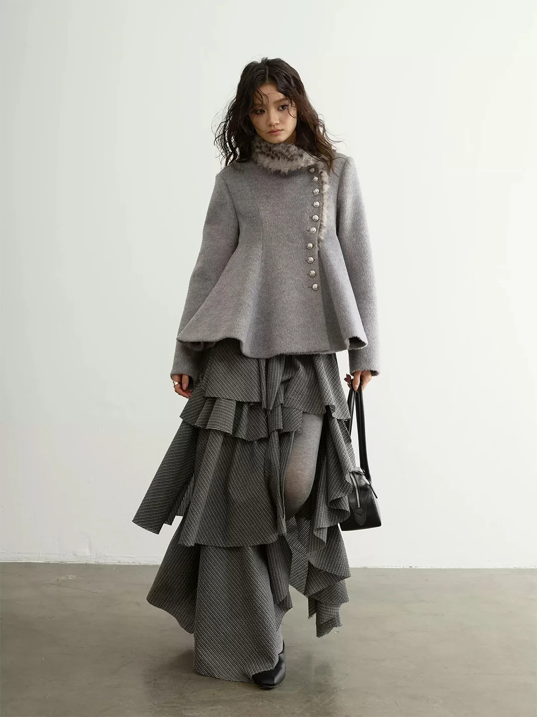 Jnylon studios | Striped Asymmetric Ruffled Raw-Edge Slit Skirt