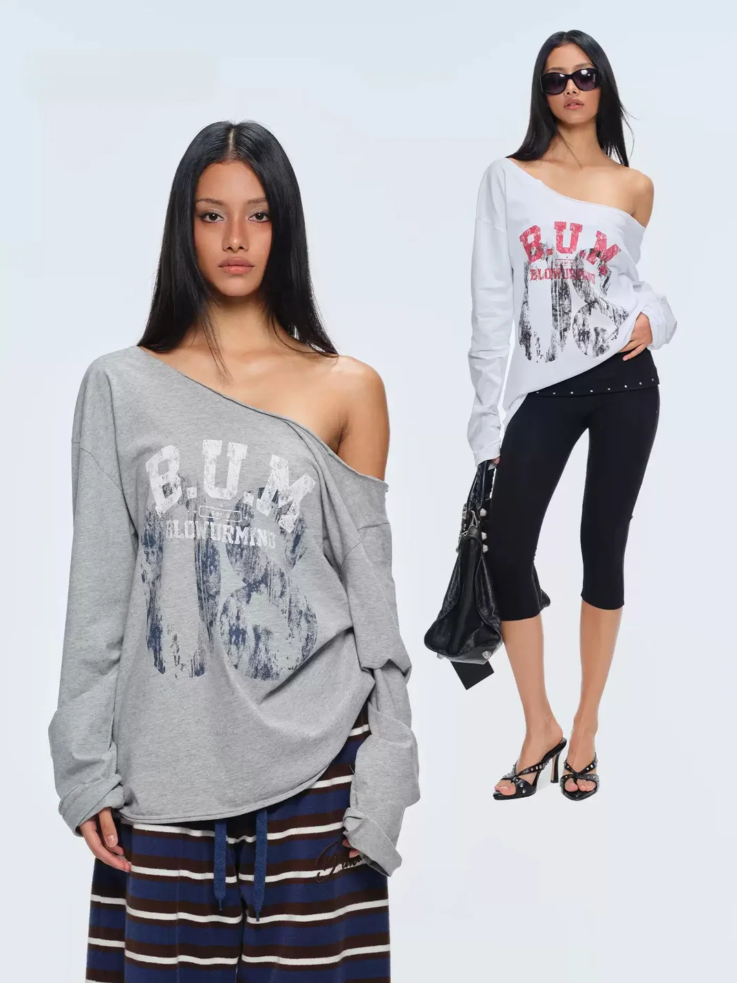 BUM STUDIO | Off-Shoulder Loose Long-Sleeve Graphic T-Shirt