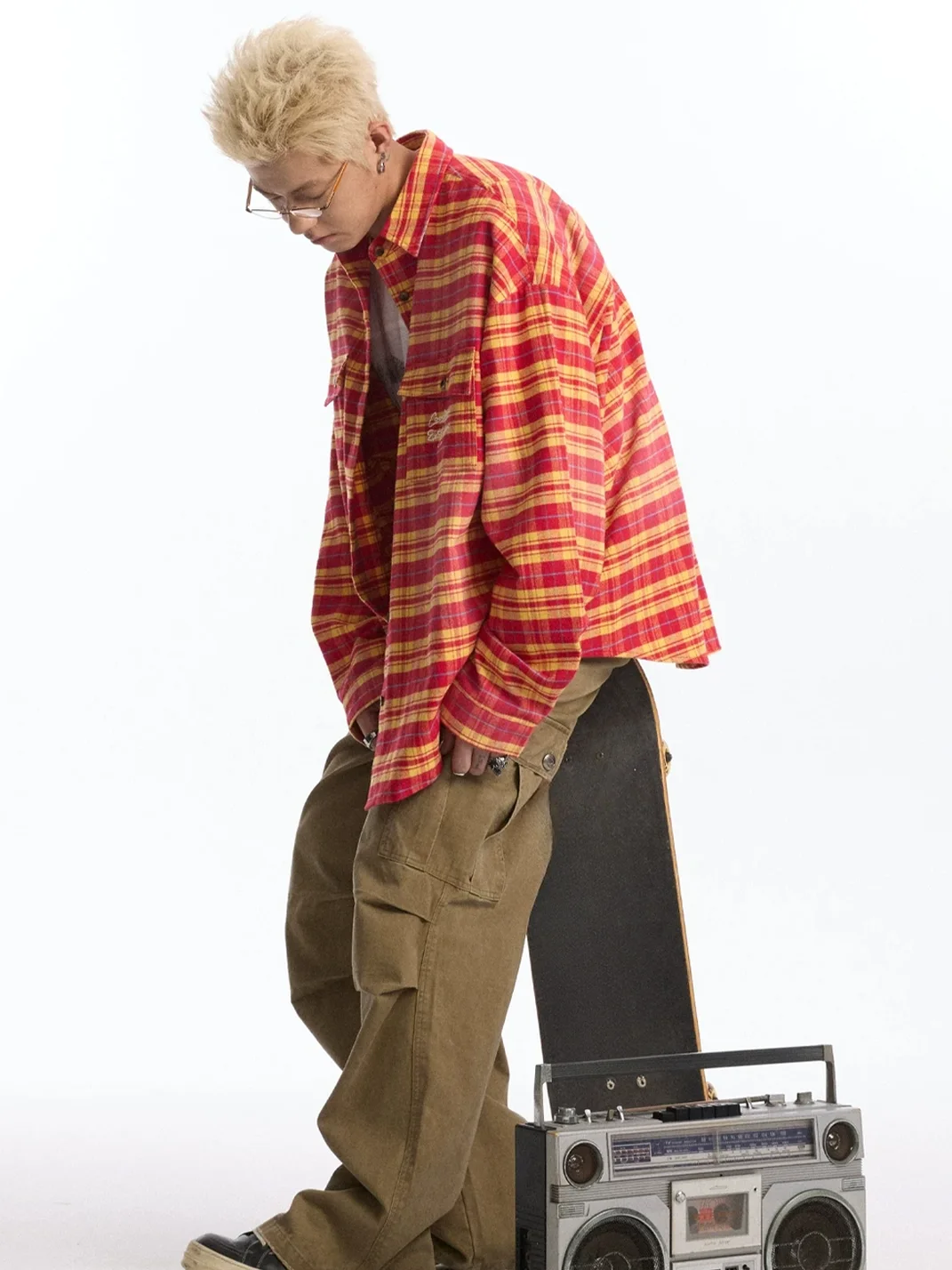 CoosRetro | Embroidered Loose-Fit Long-Sleeve Plaid Shirt