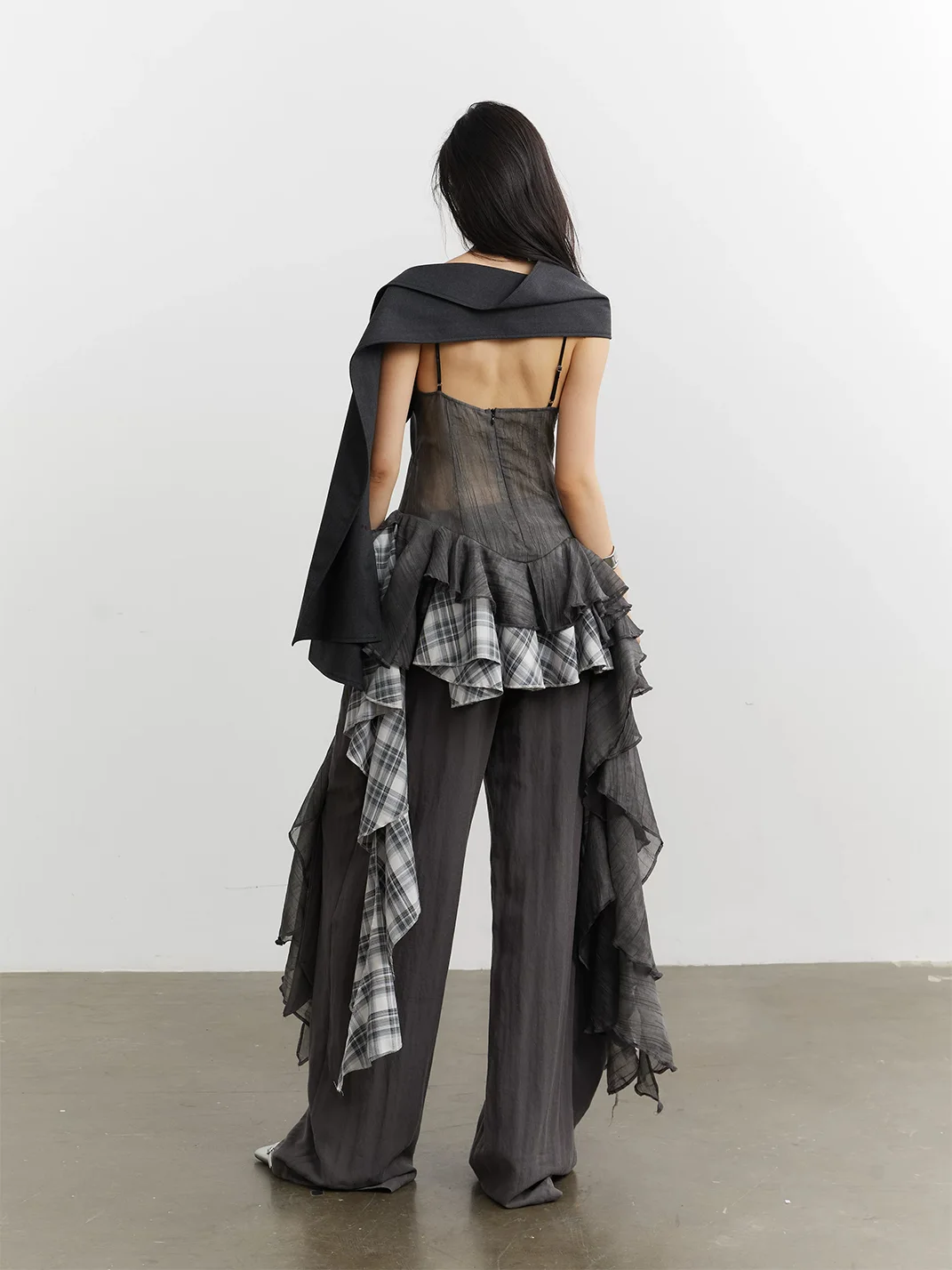 Jnylon studios | Asymmetric Plaid Colorblock Ruffled Cami Dress