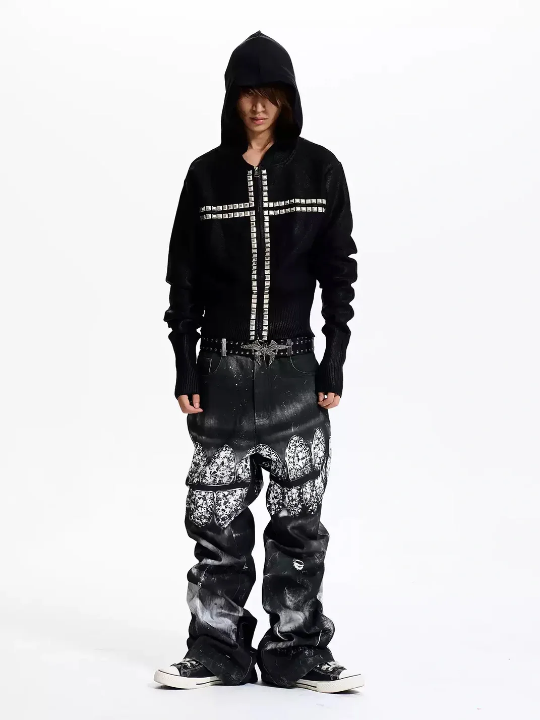 Fourth3ex | Black Hooded Zip-Up Sweater With Studded Cross