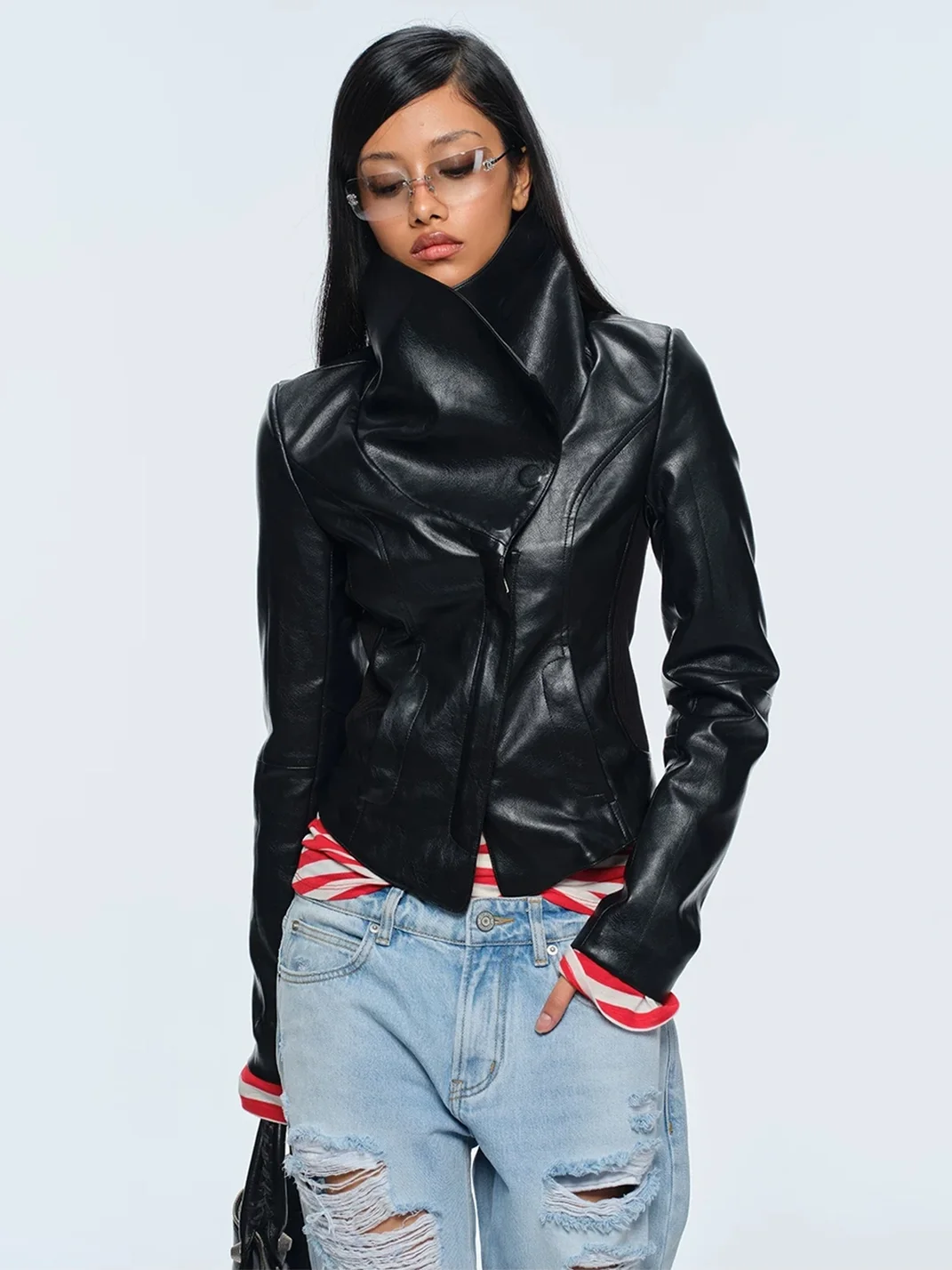 BUM STUDIO | Oversized Collar Slim-Fit Magnetic Fastening Leather Jacket