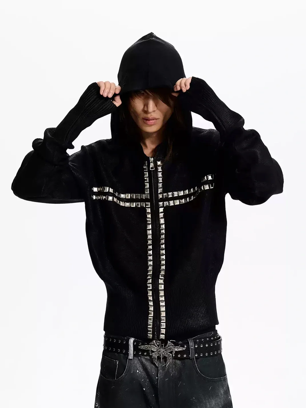 Fourth3ex | Black Hooded Zip-Up Sweater With Studded Cross