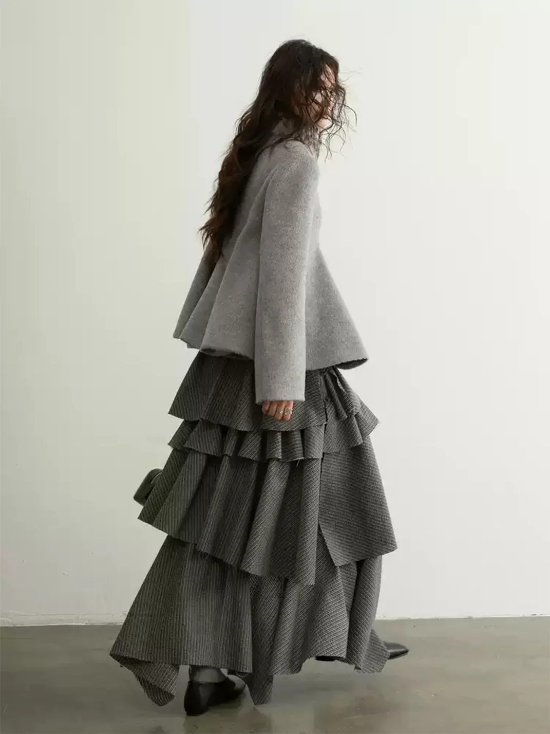 Jnylon studios | Striped Asymmetric Ruffled Raw-Edge Slit Skirt