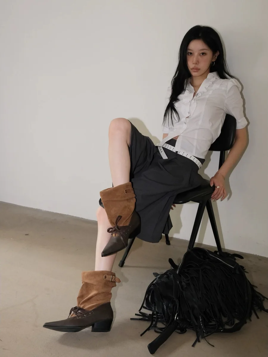Mooreyu | Brown Pointed-Toe Western Lace-Up Buckle Slouch Boots - 3