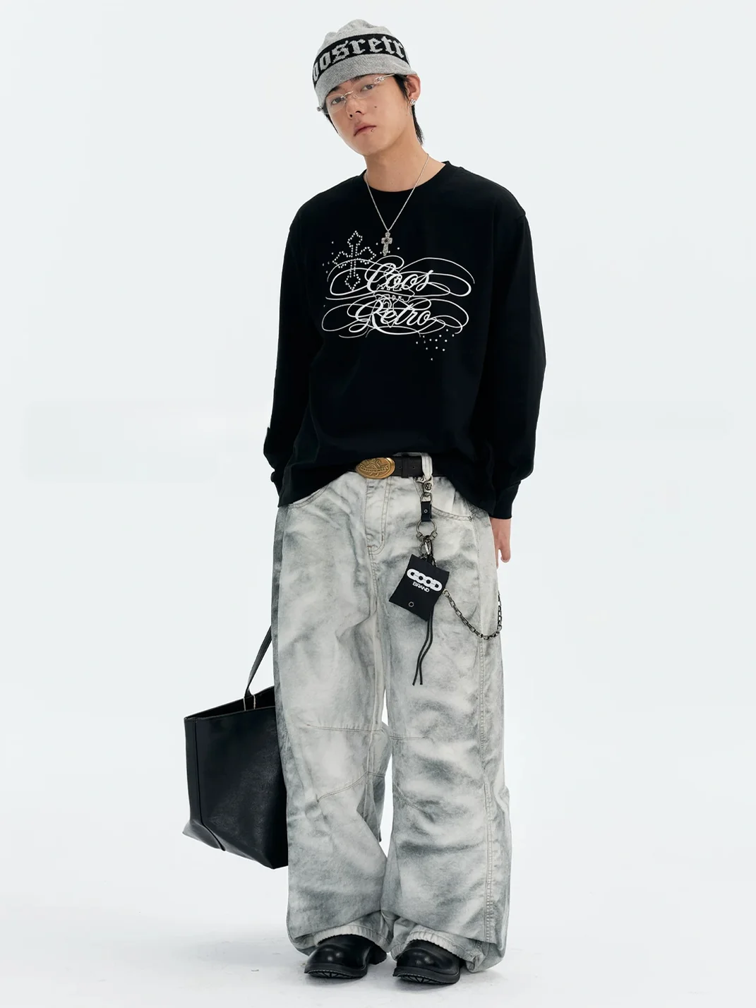 CoosRetro | Distressed Embroidered Wide-Leg Workwear Pants