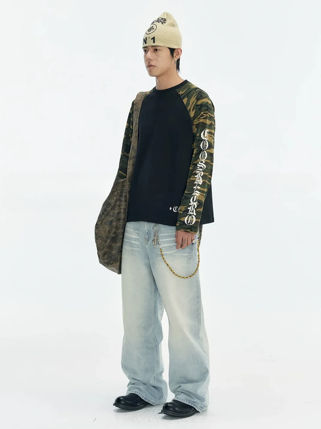 CoosRetro | Loose Cross-Print Camouflage Raglan Long-Sleeve T-Shirt