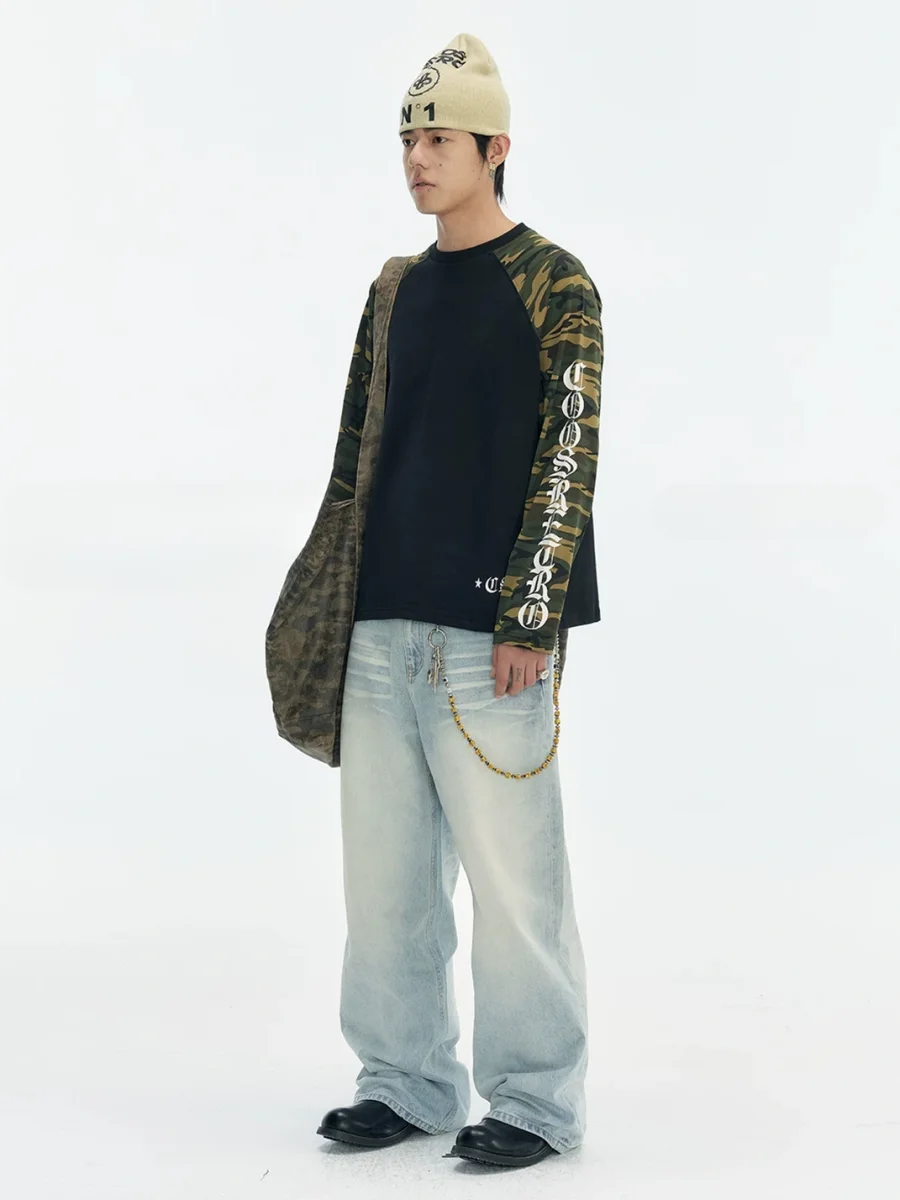CoosRetro | Loose Cross-Print Camouflage Raglan Long-Sleeve T-Shirt - 4