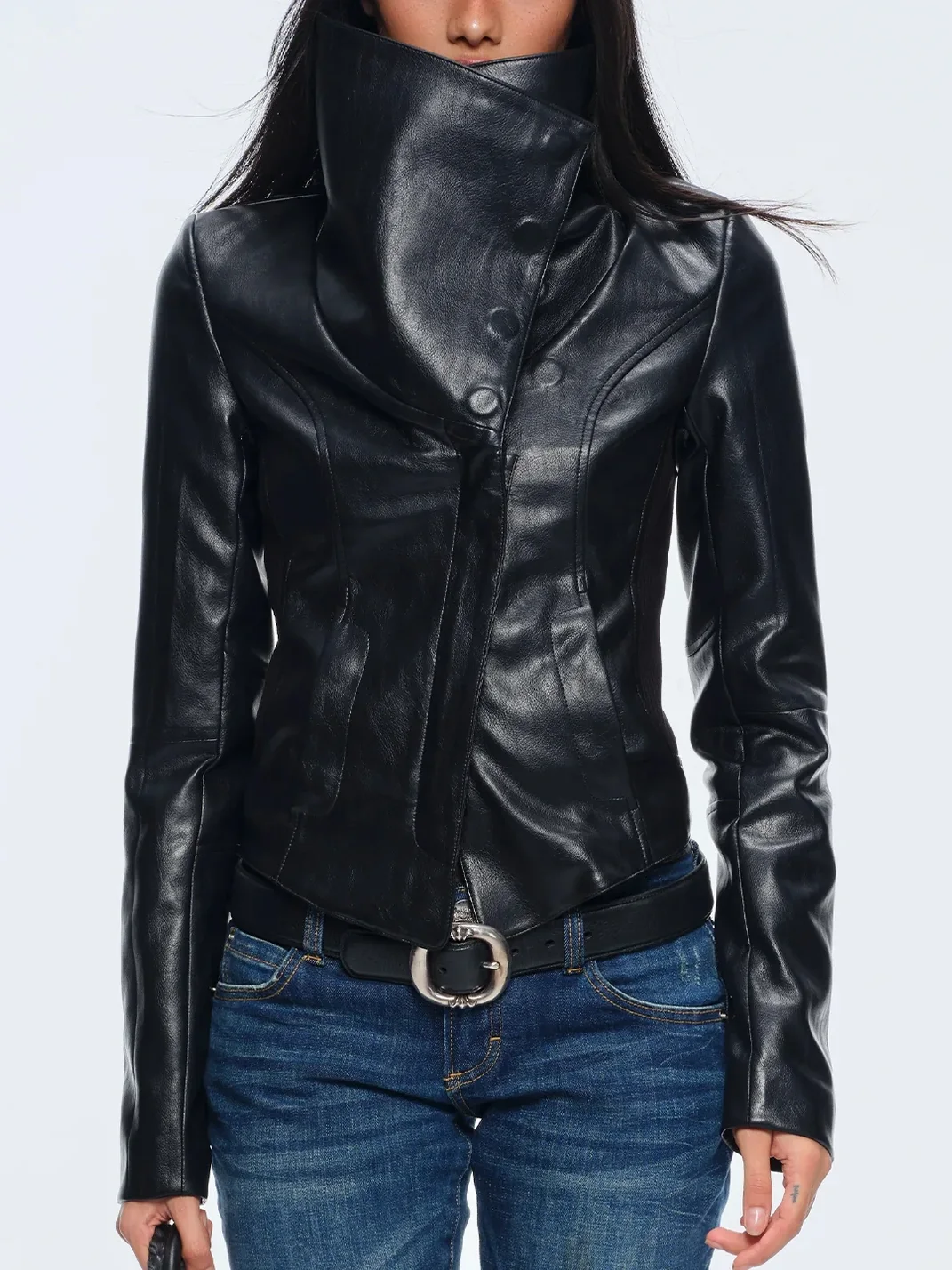 BUM STUDIO | Oversized Collar Slim-Fit Magnetic Fastening Leather Jacket