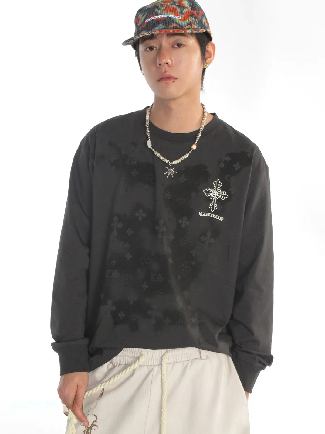 CoosRetro | Loose Fit Sweat-Reactive Print Long Sleeve T-Shirt