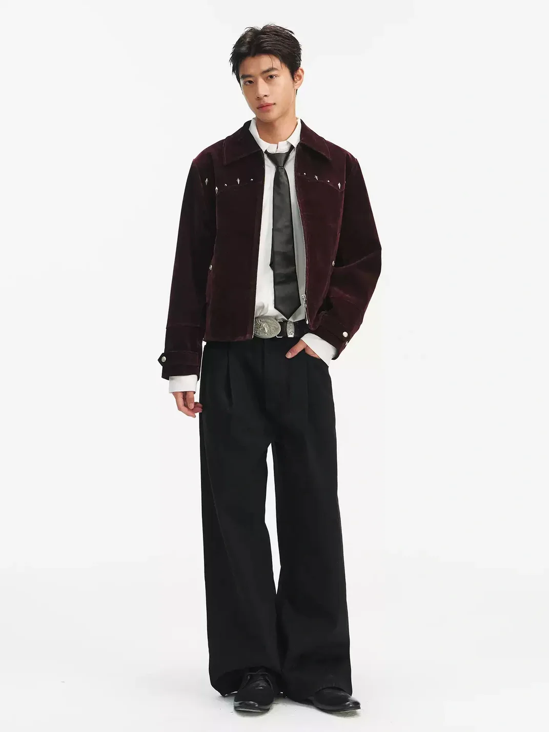 TAICHIISM | Cropped Studded Velvet Flocked Denim Western Jacket