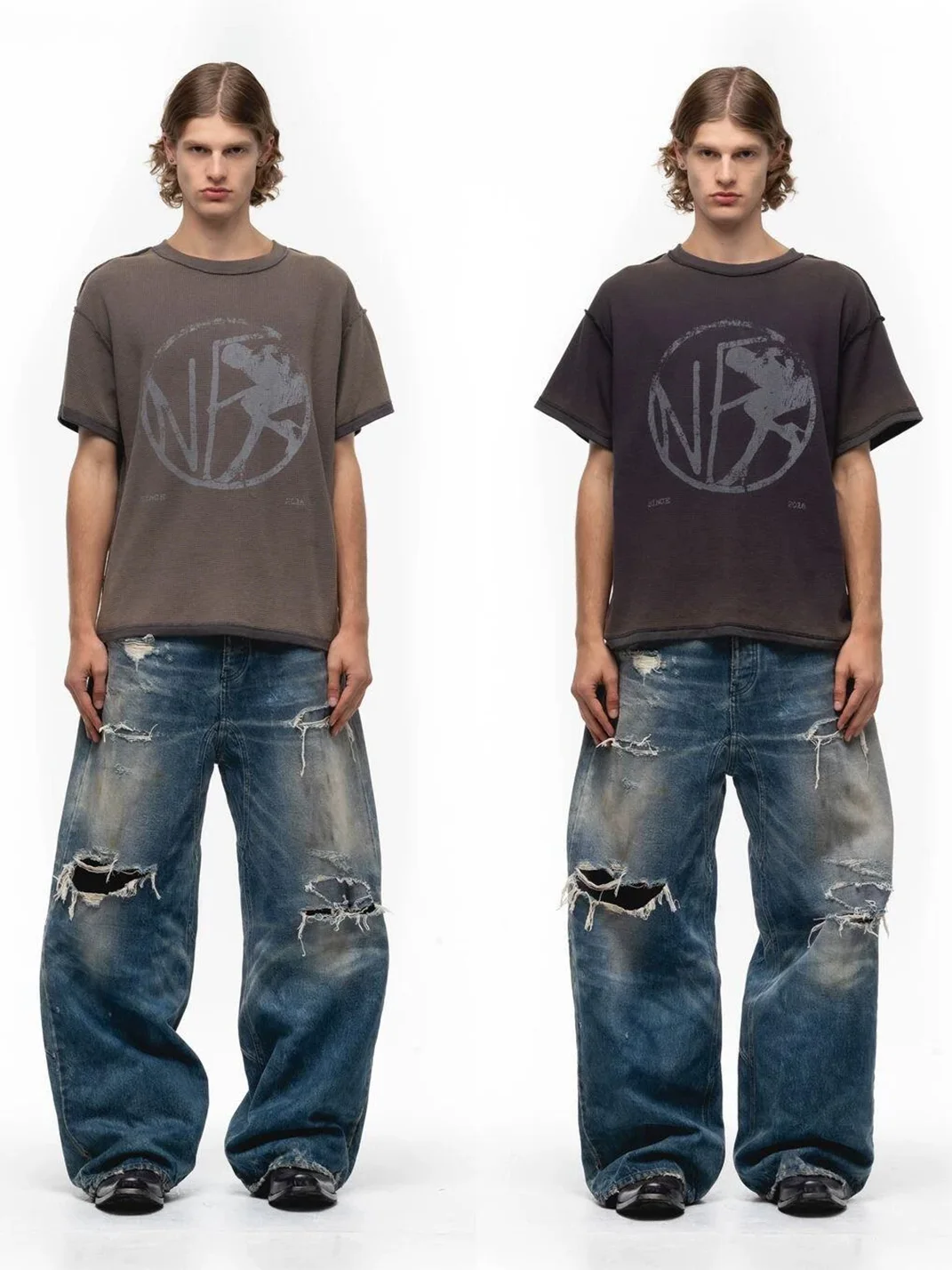 NO FAITH STUDIOS | Distressed Washed Blue Wide-Leg Curved-Leg Baggy Jeans