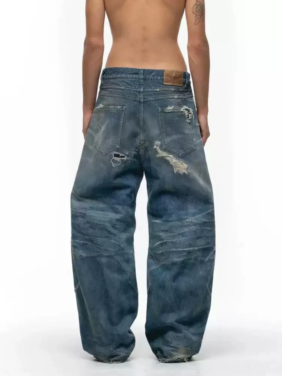 NO FAITH STUDIOS | Distressed Washed Blue Wide-Leg Curved-Leg Baggy Jeans - 4
