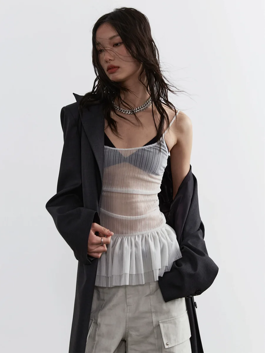 Jnylon studios | Sheer Ruffle Hem Cropped Stretch Camisole - 2