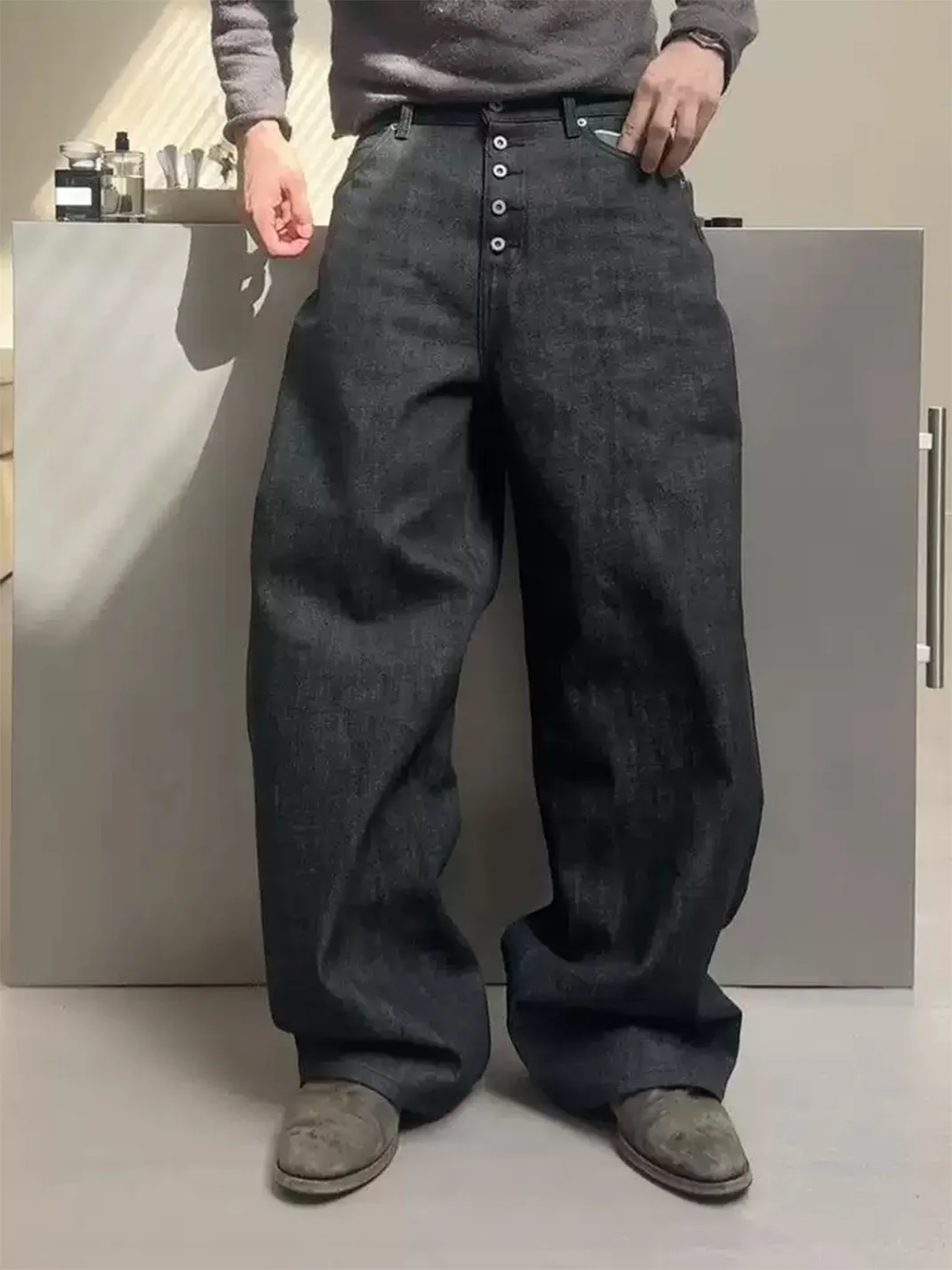 NO FAITH STUDIOS | Wide-Leg Curved Selvedge Raw Denim Jeans