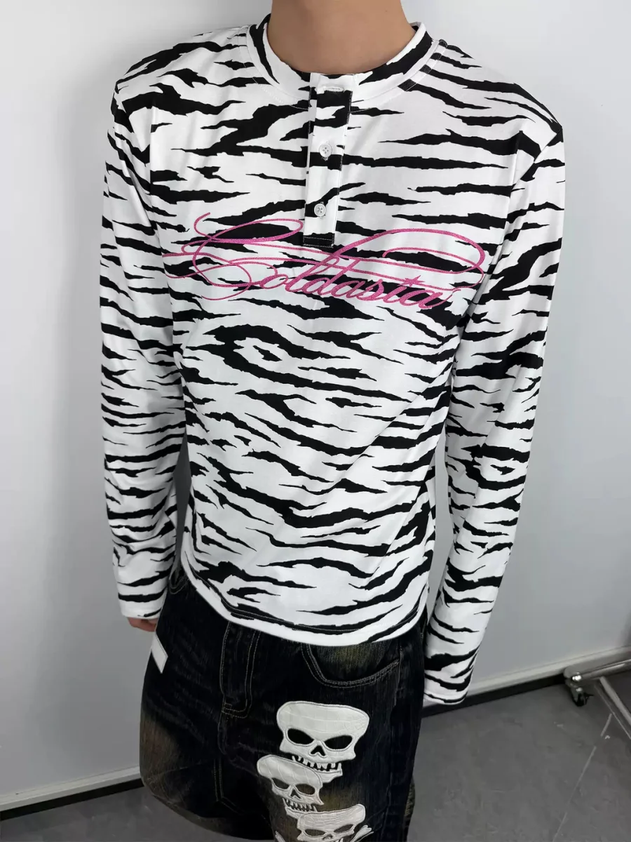 ColdAsia | Zebra Print Glitter Script Long Sleeve T-Shirt - 3