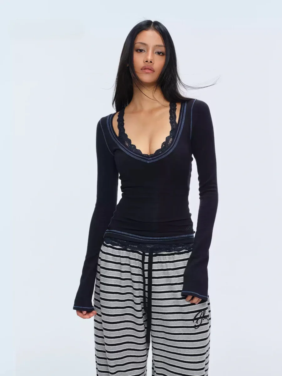 BUM STUDIO | Lace-Trim Fitted Tank And Long-Sleeve V-Neck Top - 2