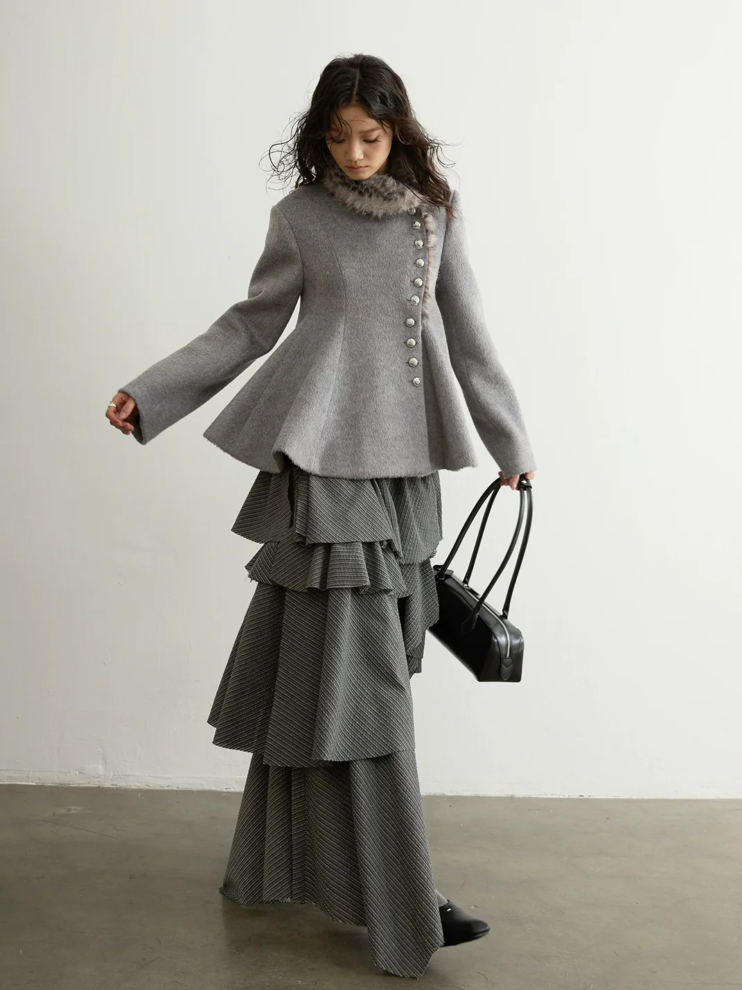 Jnylon studios | Striped Asymmetric Ruffled Raw-Edge Slit Skirt