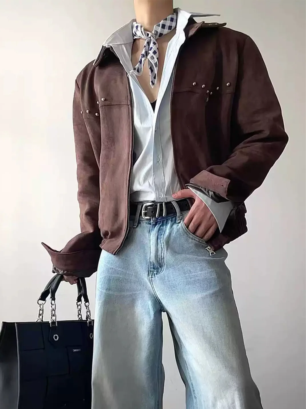 TAICHIISM | Studded Faux Suede Collared Boxy Cropped Jacket