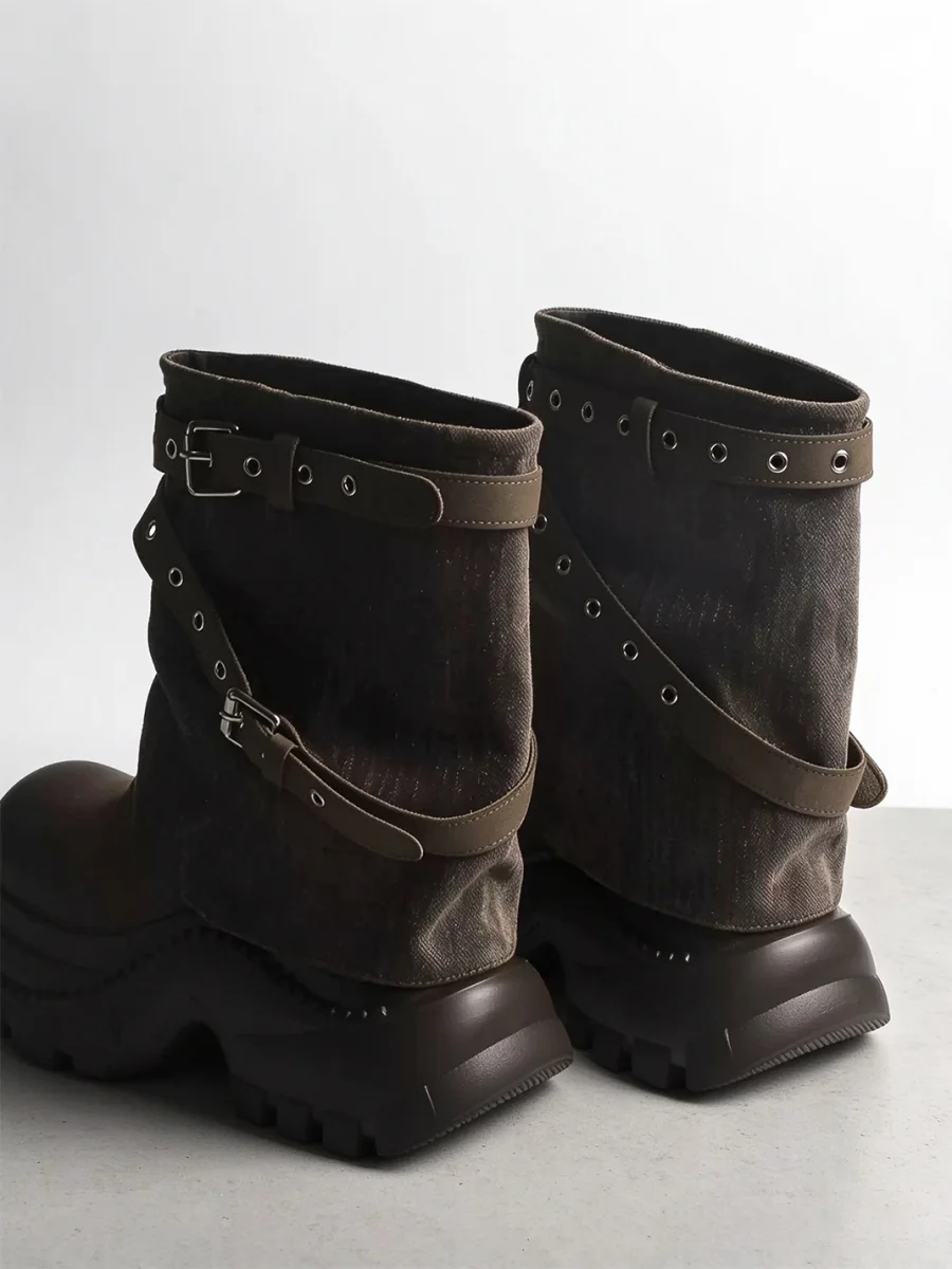 Jpoetry | Retro Buckle Platform Boots With Hidden Lift - 2