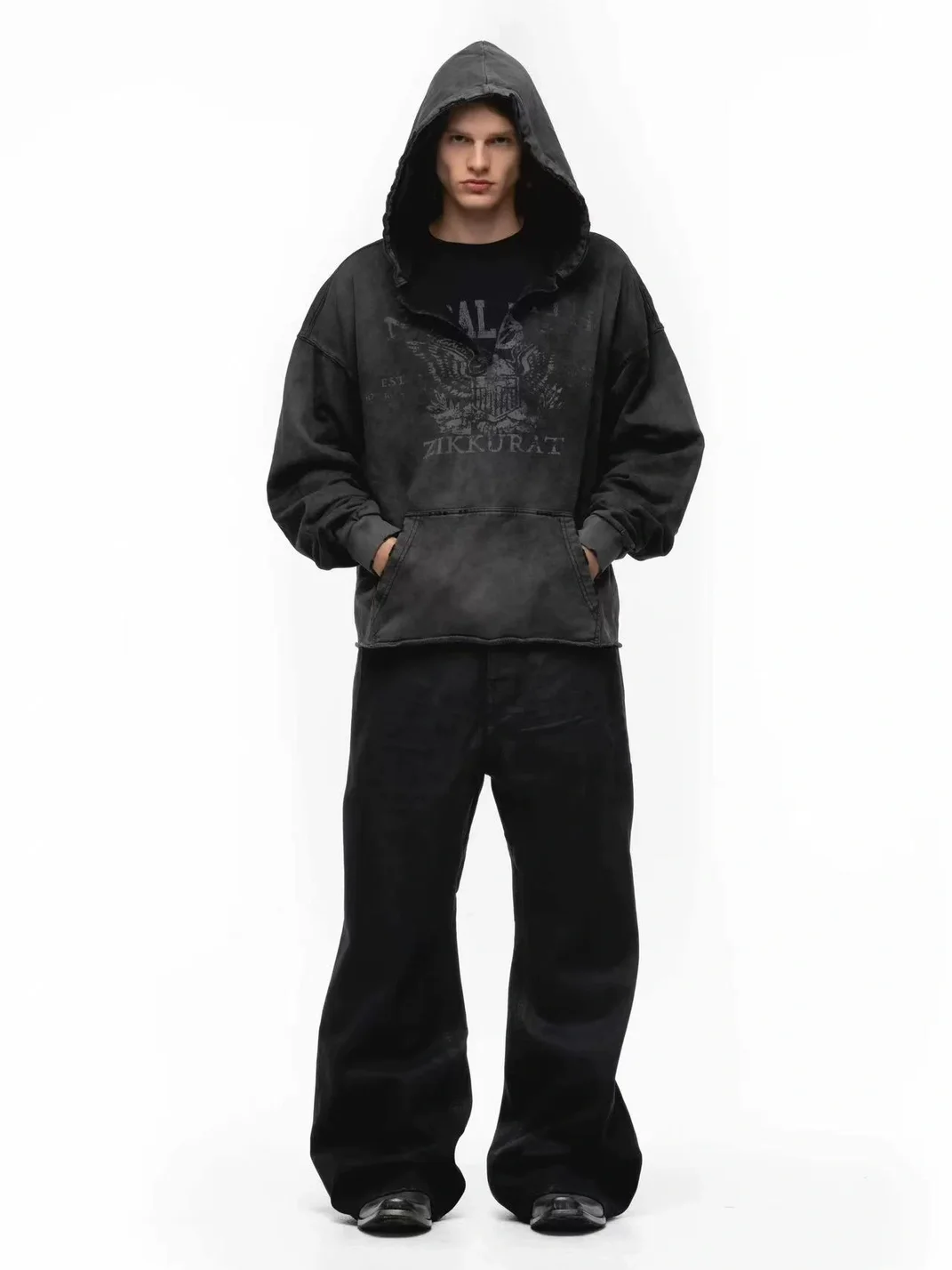 NO FAITH STUDIOS | Washed Distressed Graphic Drop Shoulder Loose Hoodie