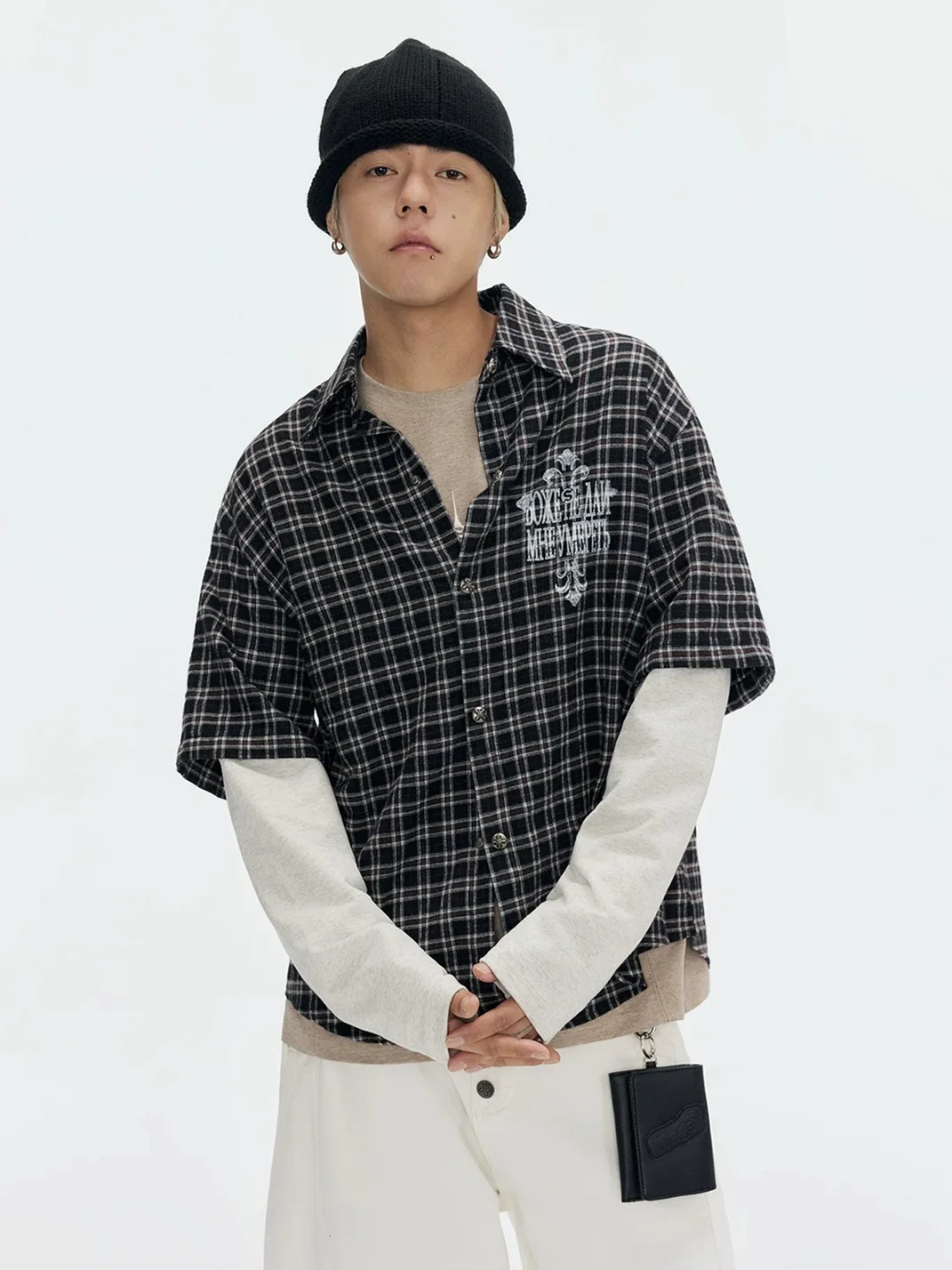 CoosRetro | Faux Two-Piece Plaid Long-Sleeve Graphic Shirt