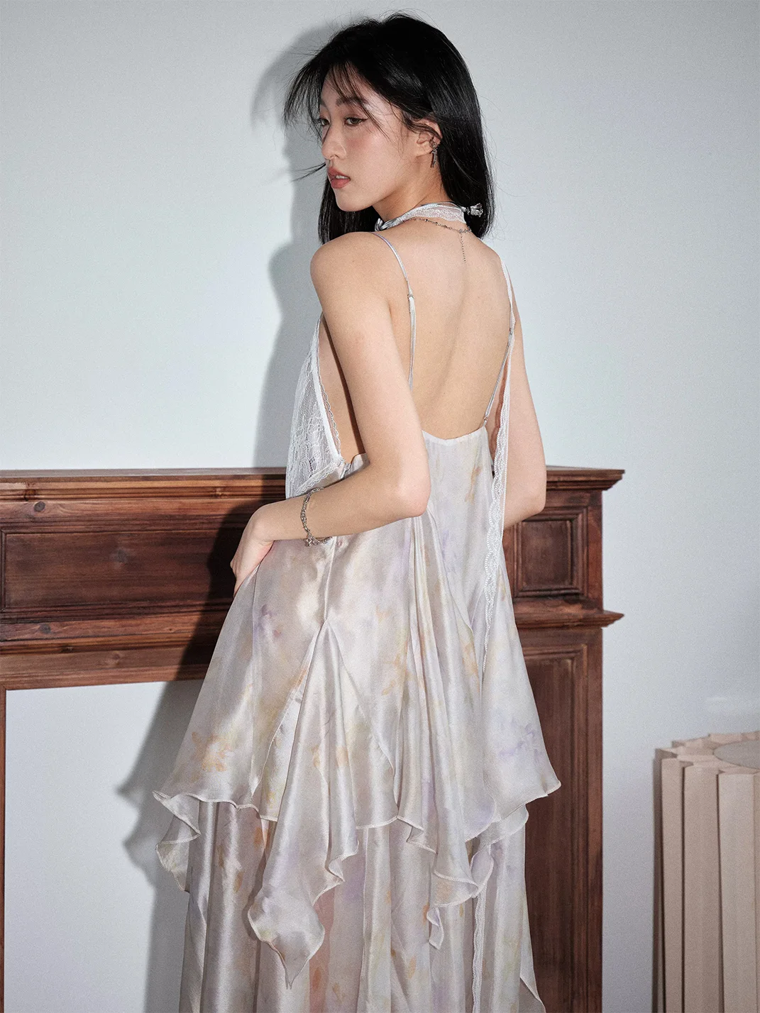 Jnylon studios | Printed Asymmetric Mesh Spaghetti Strap Dress