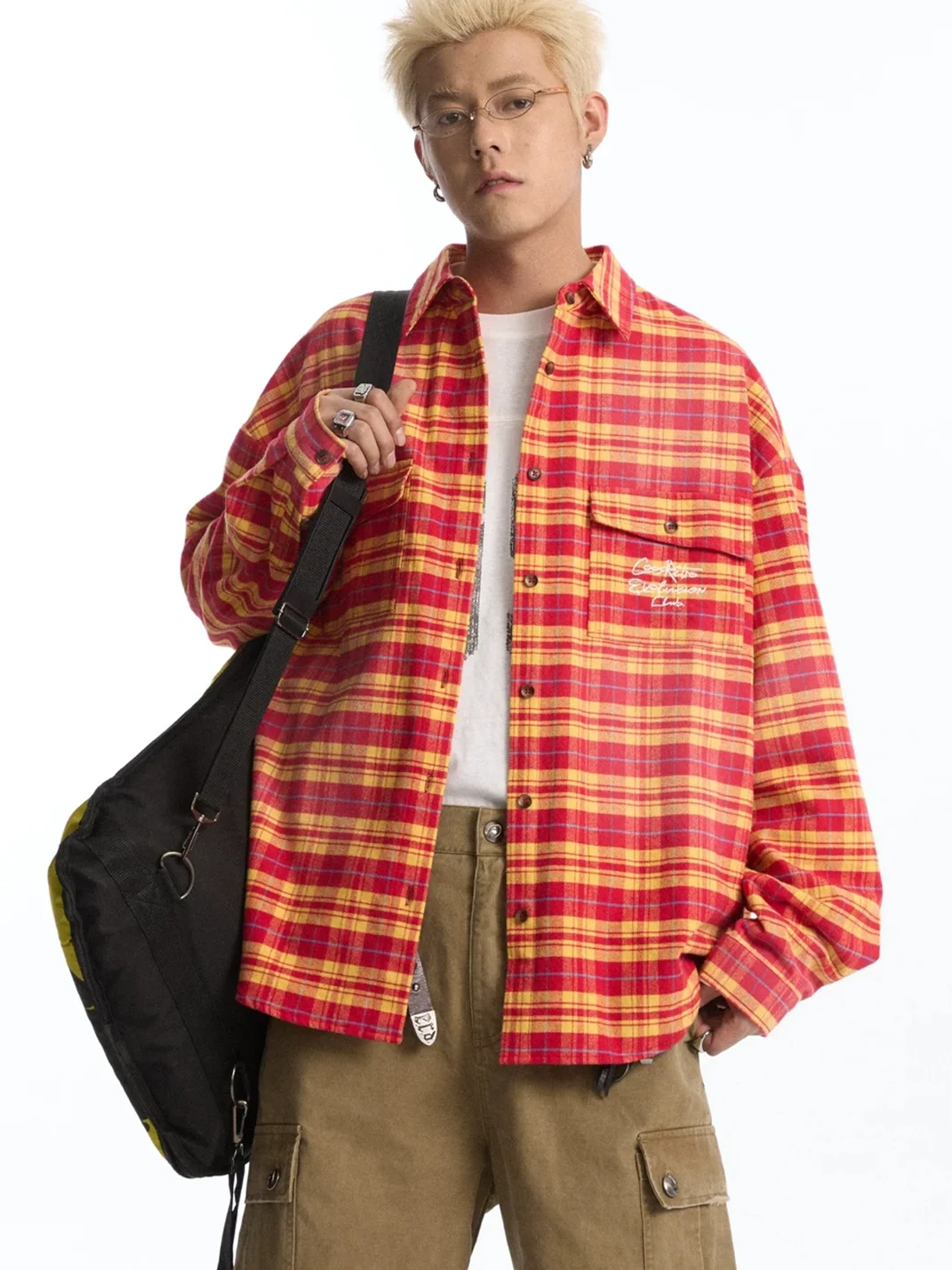 CoosRetro | Embroidered Loose-Fit Long-Sleeve Plaid Shirt