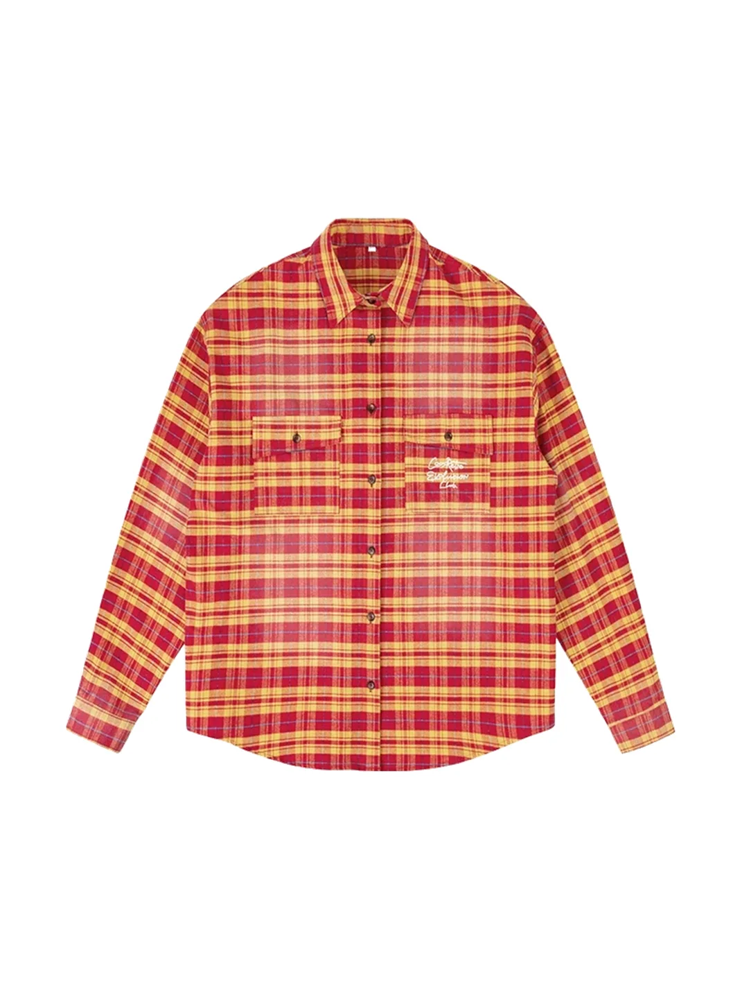 CoosRetro | Embroidered Loose-Fit Long-Sleeve Plaid Shirt