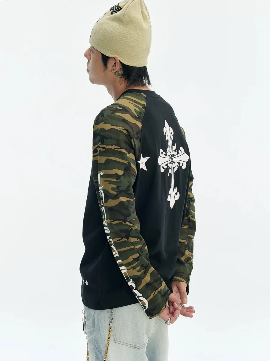 CoosRetro | Loose Cross-Print Camouflage Raglan Long-Sleeve T-Shirt - 3